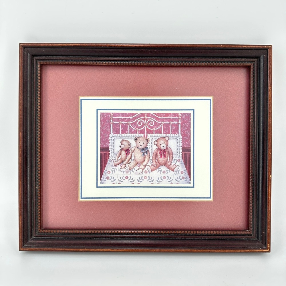 Vintage Framed Teddy Bear Print‎ Nursery Wall Art Dark Wood Frame
